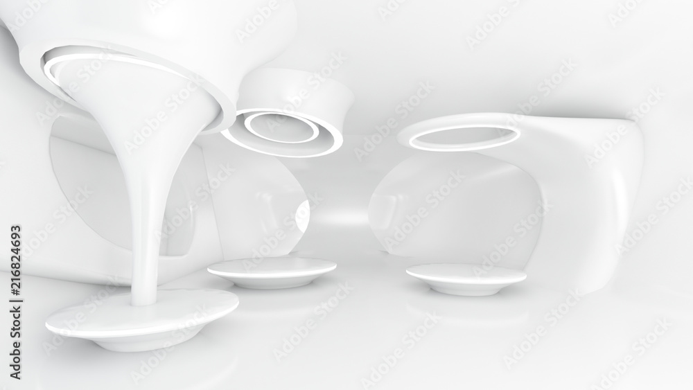 Fototapeta premium Futuristic white interior design and cyber punk sci-fi style 3d rendering:showroom