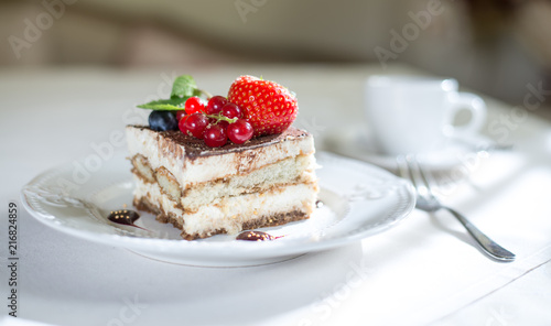 Tiramisu cake on the white plate