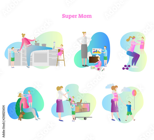 Super mom vector illustration collection set. Busy mom with kids and children. Household activities like cooking, painting, exercising, sleeping, shopping and walking.