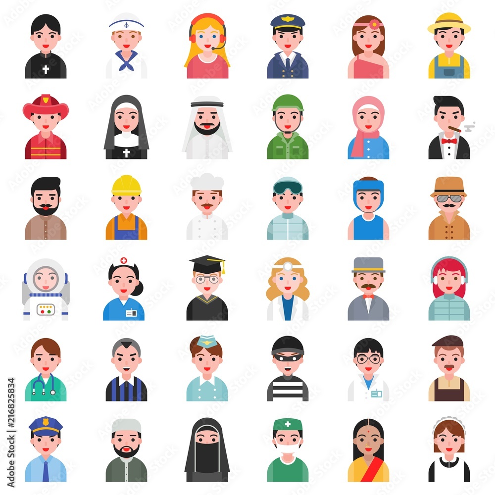 cute avatar of people in various professional and culture such as arab, india, doctoe, navy, policman, maid, teenage, nun, flat design cute avatar of people in various professional and culture such as arab, india, doctoe, navy, policman, maid, teenage, nun, flat design