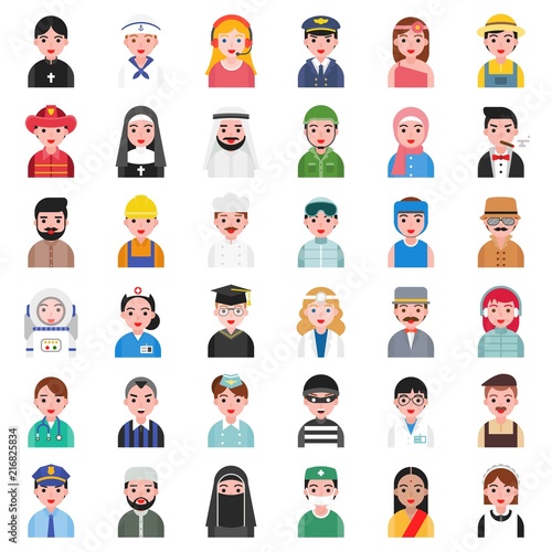 cute avatar of people in various professional and culture such as arab, india, doctoe, navy, policman, maid, teenage, nun, flat design