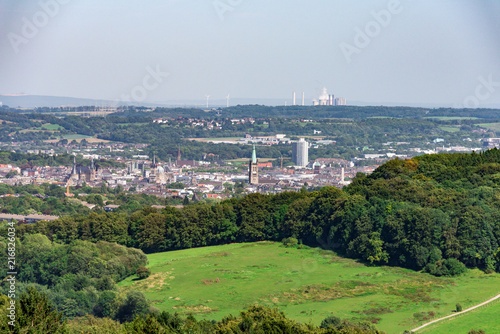 Cityscape of Aachen with historic cathedral surrounding from above