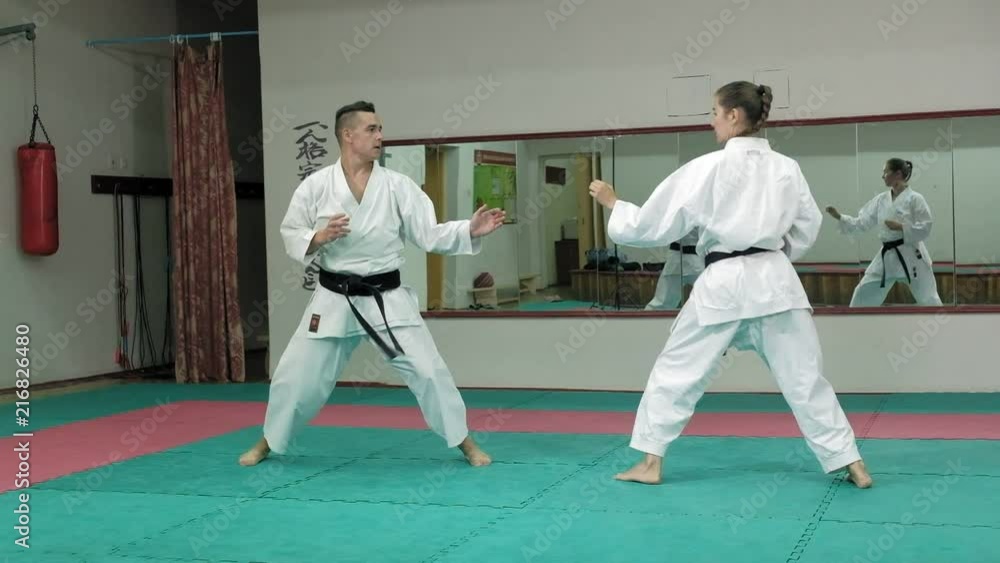 A young man with a muscular body and a woman practicing martial arts Goju-Ryu Karate-Do super slow motion A young man with a muscular body and a woman practicing martial arts Goju-Ryu Karate-Do super slow motion