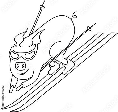 Free Hand Vector Illustration of Happy Cartoon Pig Sliding Down a Slope Slalom Skiing Racing. Cute Kawaii Funny Character. Coloring Page. Adults Sport Illustration for Motivation