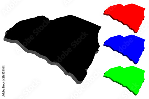 3D map of South Carolina (United States of America, The Palmetto State) - black, red, blue and green - vector illustration