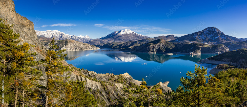 Serre Poncon Lake from Le Rousset in Winter (panoramic). Hautes Alpes, European Alps. France