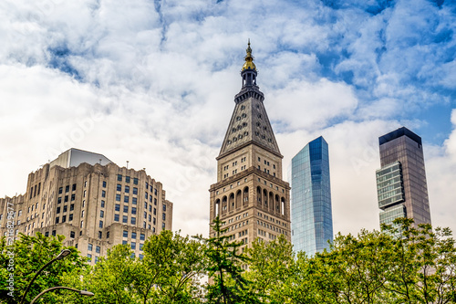 New York City, USA, view of the top of buildings behind Madison Square Park in the Flatiron district.