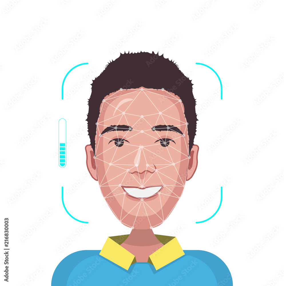 Face Recognition. Face id. young cartoon man with scanning grid. stock  vector illustration Stock Vector | Adobe Stock