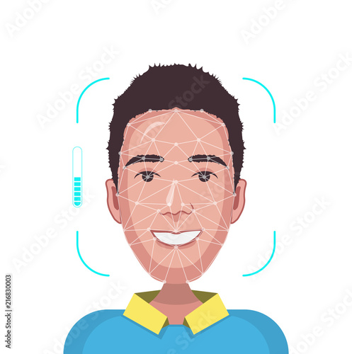 Face Recognition. Face id. young cartoon man with scanning grid. stock vector illustration