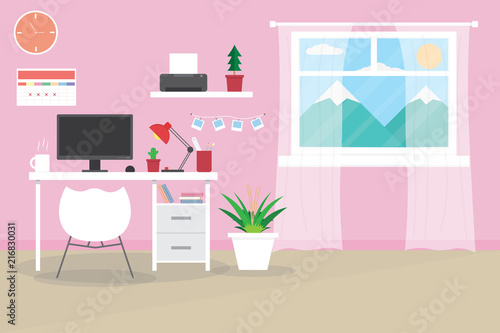 Interior office business.indoor background with table and computer.vector and illustration