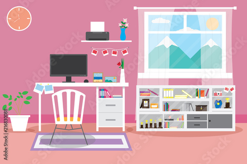Interior office business.indoor background with table and computer.vector and illustration