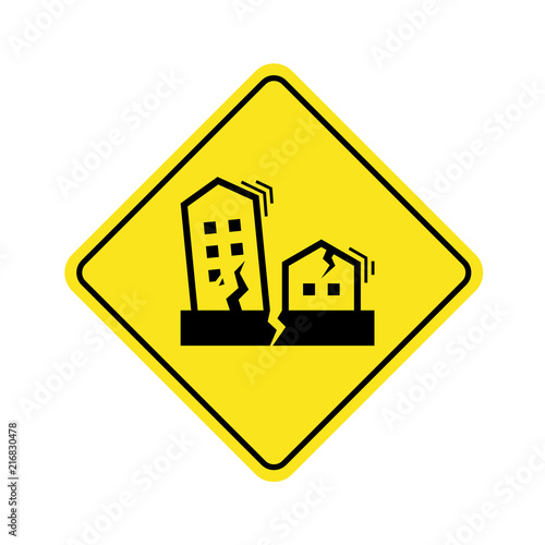Earthquake Symbol concept with Houses and buildings crack and vibrate on yellow Warning banner Sign vector design