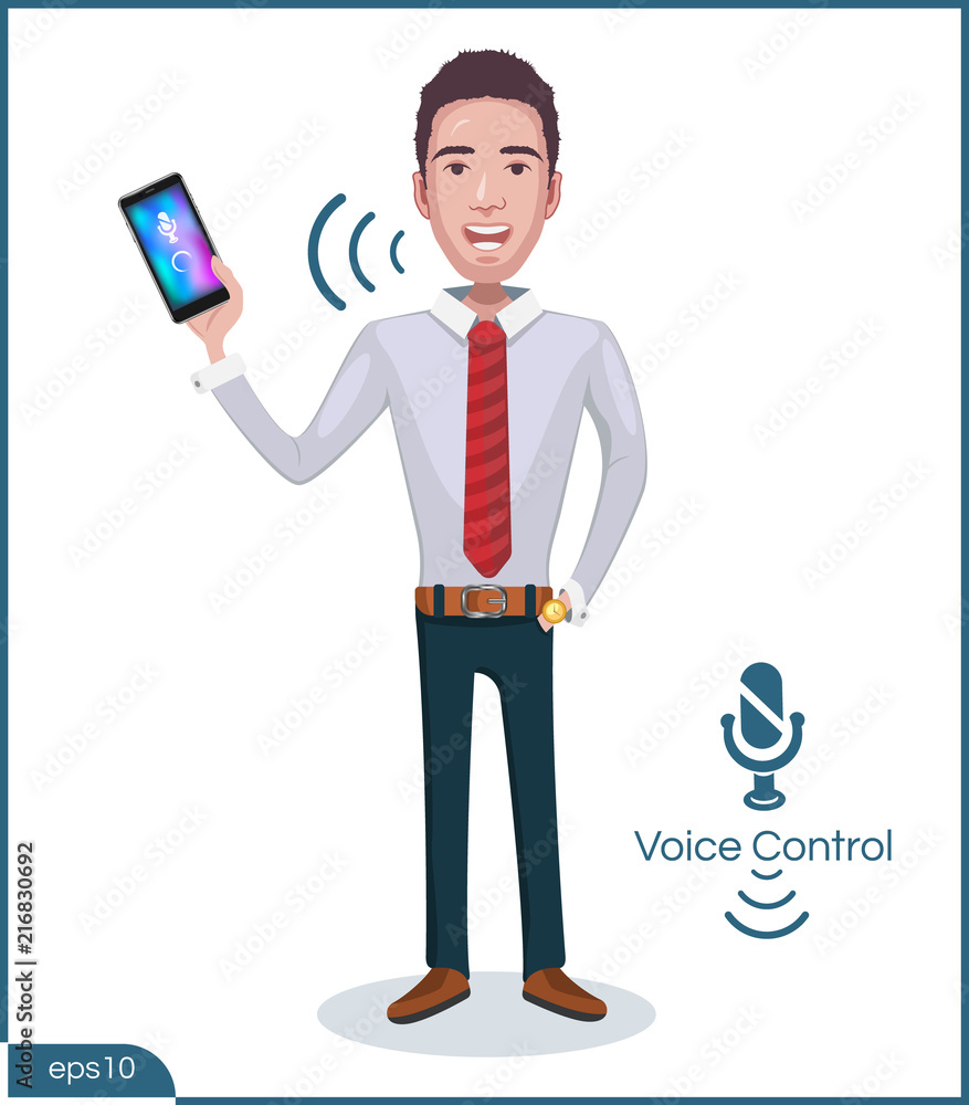 Male cartoon character using voice control for smartphone. Stock vector illustration voice command with icon and phone Male cartoon character using voice control for smartphone. Stock vector illustration voice command with icon and phone