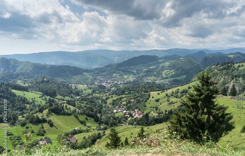 Mountain landscape and villages on the Rucar Bran corridor, in Transylvania, Romania