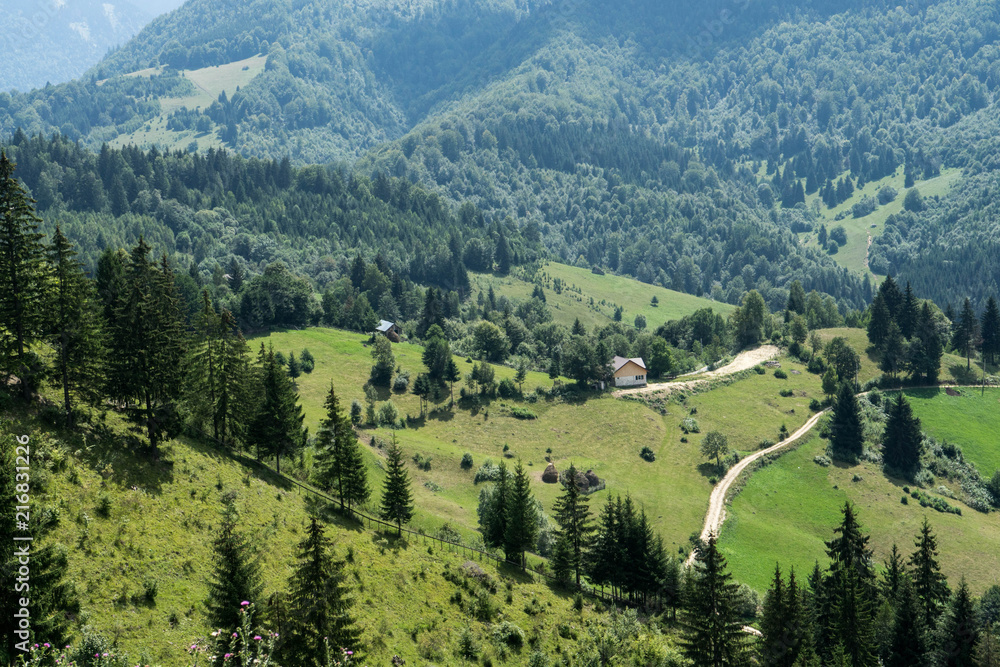 Mountain landscape and villages on the Rucar Bran corridor, in Transylvania, Romania