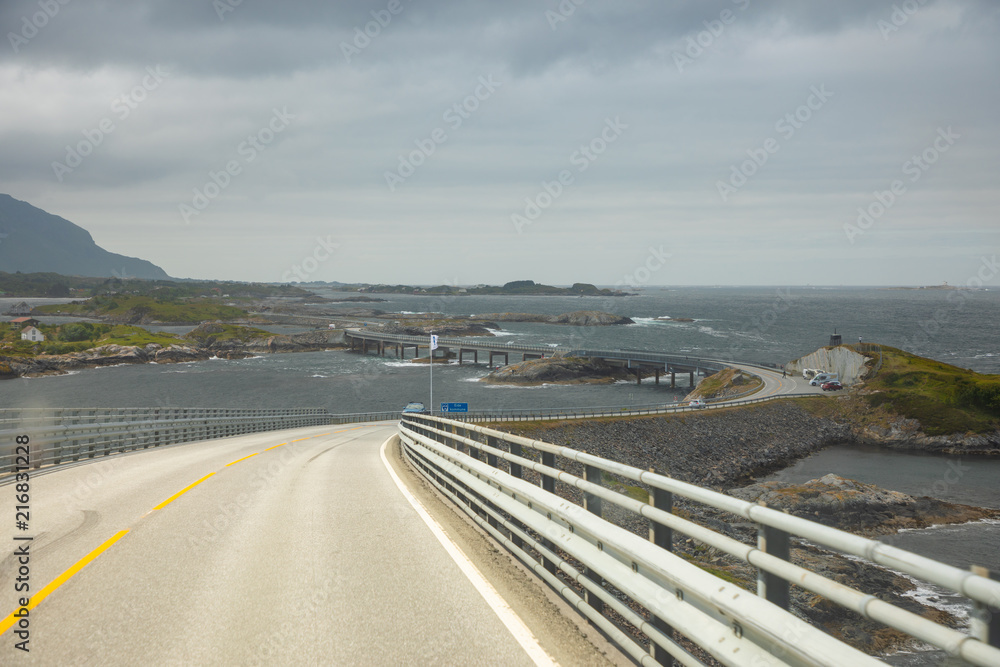 Bridge Atlanterhavsvegen with an amazing view over the norwegian mountains, Atlantic road in Norway