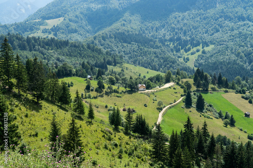 Mountain landscape and villages on the Rucar Bran corridor, in Transylvania, Romania © adellyne