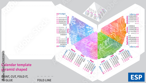 Template spanish calendar 2019 by seasons pyramid shaped, vector watercolor background