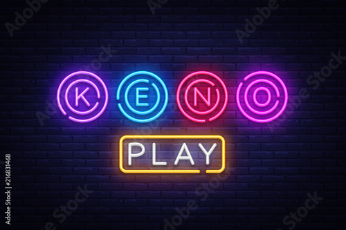 Keno Logo Vector. Keno Lottery neon sign, design template, modern trend design, night neon signboard, night bright advertising, light banner, light art. Vector illustration
