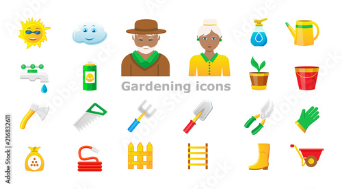 Collection of objects and symbols for agriculture. Set of cartoon icons isolated on white background.