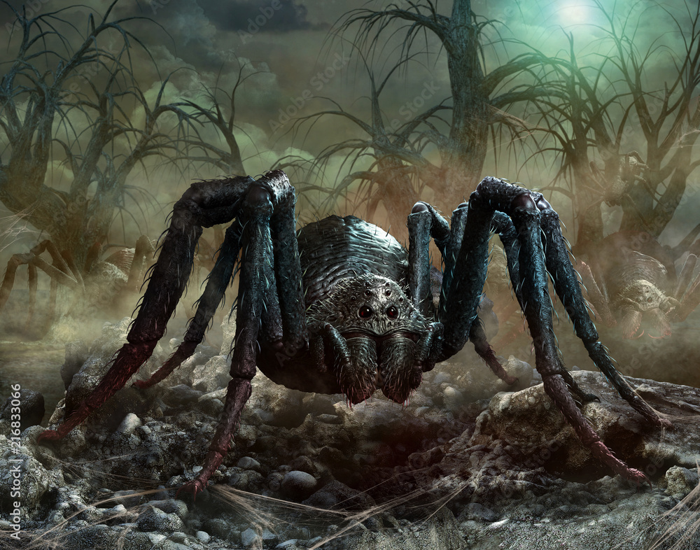 Giant spider scene 3D illustration - obrazy, fototapety, plakaty 