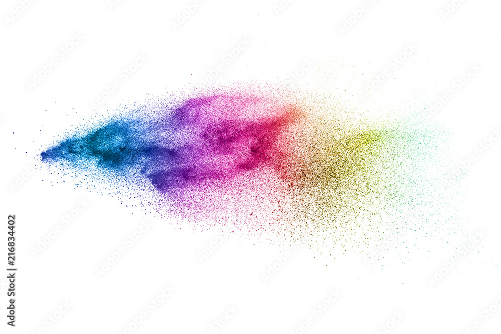 Multicolored particles explosion on white background.