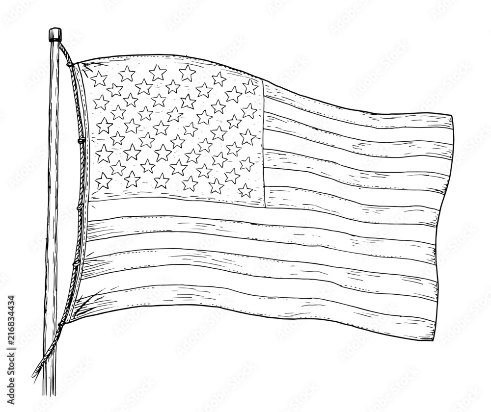 American flag drawing - vintage like illustration of flag of USA. Contour  on white background. Stock Vector | Adobe Stock