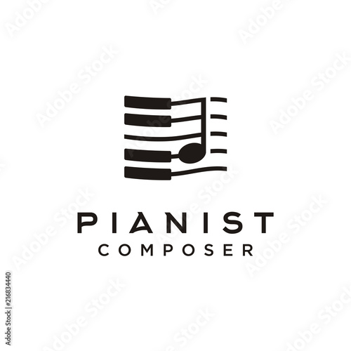 Piano Key Instrument with Music Notes for Musical Pianist Composer Logo Design 