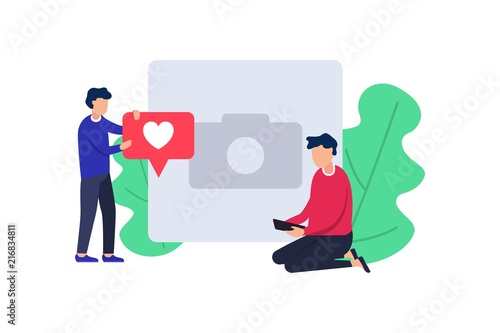 Social media with red heart symbol. People using smartphone for networking and collecting likes and comments. Vector flat illustration.