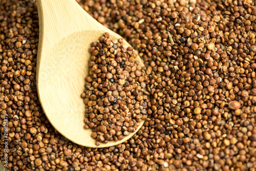 Quinoa seeds in wooden spoon on quinoa background.