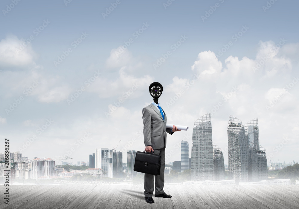 Concept of security and privacy protection with camera headed man Concept of security and privacy protection with camera headed man