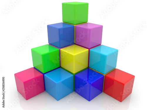 Pyramid stacked cubes in various colors in white backgrounds
