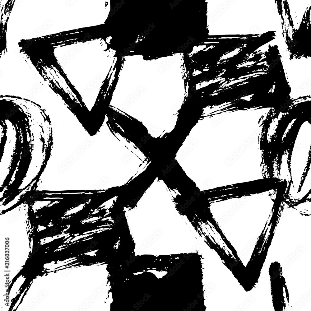 Seamless pattern. Vector abstract background. Black and white. Hand drawn geometric illustration with circles triangles squares and crosses. Sketch brush strokes. Seamless pattern. Vector abstract background. Black and white. Hand drawn geometric illustration with circles triangles squares and crosses. Sketch brush strokes.
