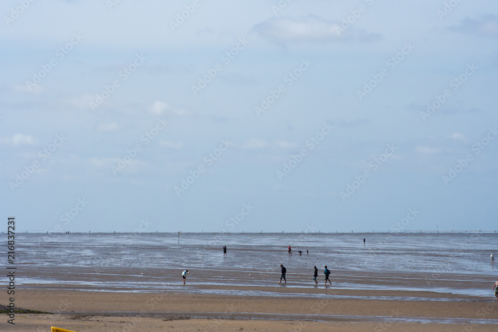 People are walking on the beach by the sea at low tide