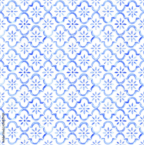 Fototapeta Naklejka Na Ścianę i Meble -  Seamless watercolor Moroccan tile - indigo blue flower of life pattern