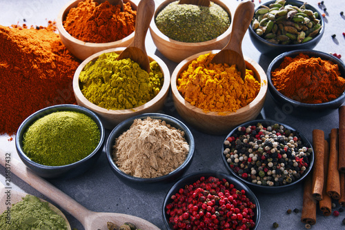 Variety of spices on kitchen table