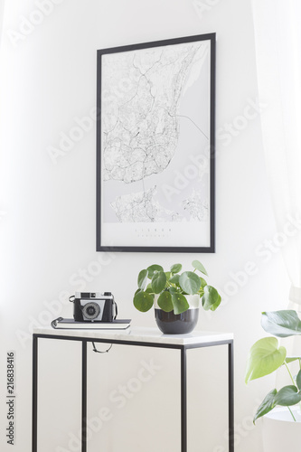A city map poster on a white wall, plant and camera on a box frame, marble top table in a stylish living room interior for a traveler