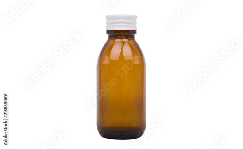 Medical bottle of brown glass isolated on white.