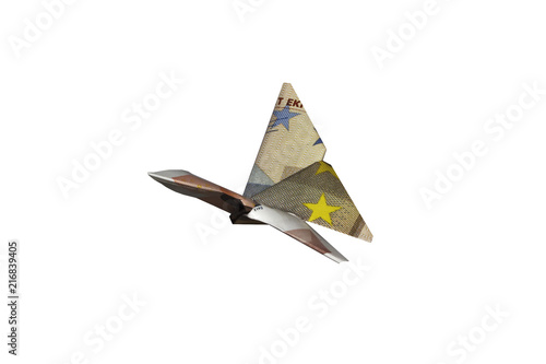 50 Fifty Euro € paper bill folded into a flying origami butterfly easy money interest profit