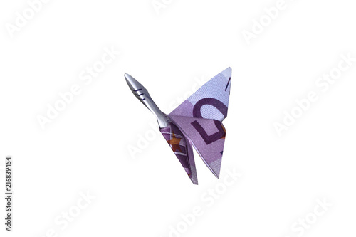 500 Fivehundred Euro € paper bill folded into a flying origami butterfly easy money interest abundance