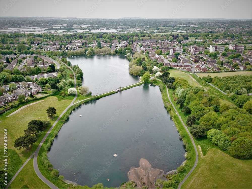 Aerial photo of a lake in a city park in Birmingham Uk