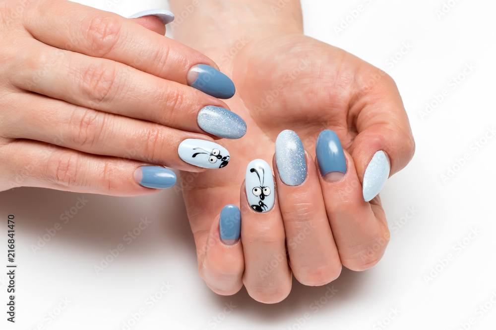 summer blue manicure with sequins on long oval nails with painted ant summer blue manicure with sequins on long oval nails with painted ant