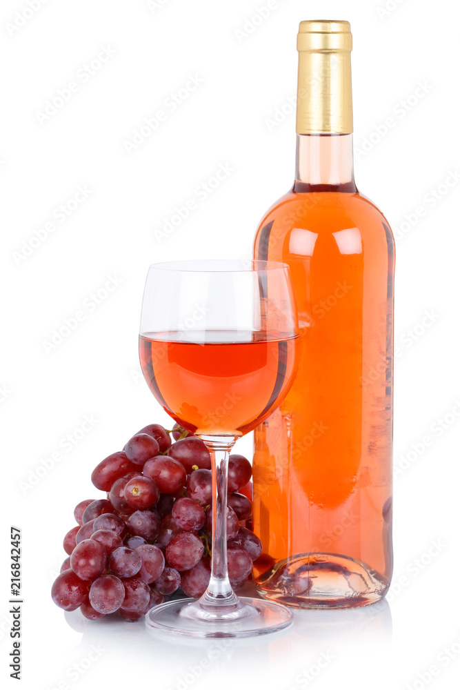 Rose wine bottle glass alcohol beverage grapes isolated on white