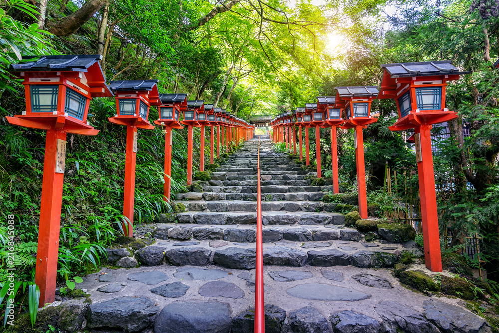 The red traditional light pole at Kifune shrine, Kyoto in Japan. The red traditional light pole at Kifune shrine, Kyoto in Japan.