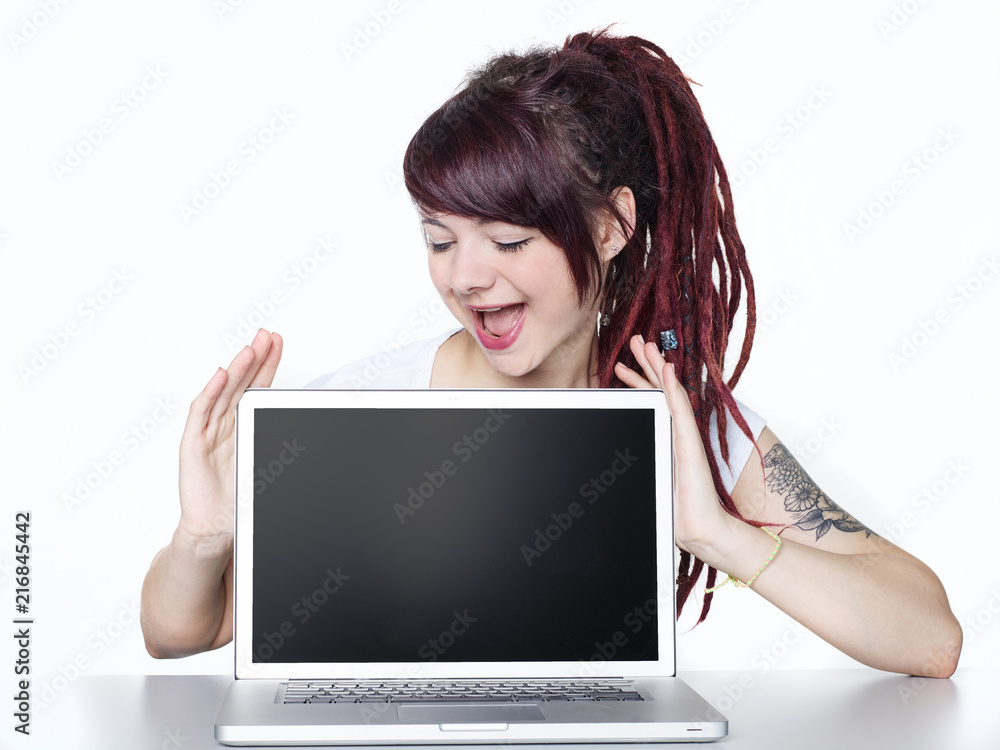 woman presenting her tablet pc with copyspace woman presenting her tablet pc with copyspace