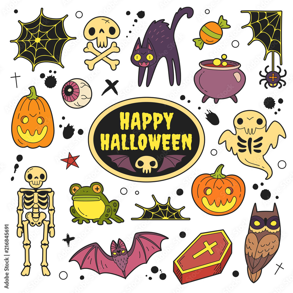 Happy Halloween patches collection. Vector illustration of funny cartoon  Halloween symbols and icons, such as scary pumpkins, skull, bat, ghost,  spider web, cauldron, coffin and black cat. Stock Vector | Adobe Stock
