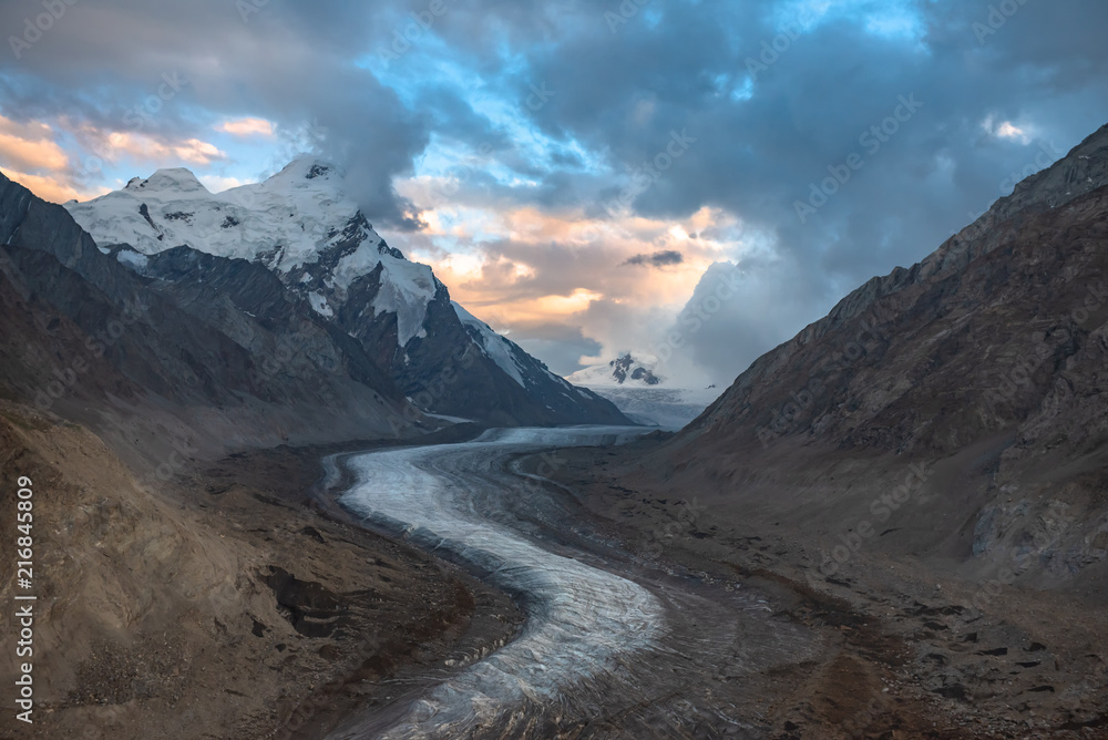 Beautiful twilight sunset landscpe of D rang-Drung Glacier, Mountain glacier on zanskar road at Himalaya Range, Zanskar Range, Pensi La, Jammu and Kashmir.