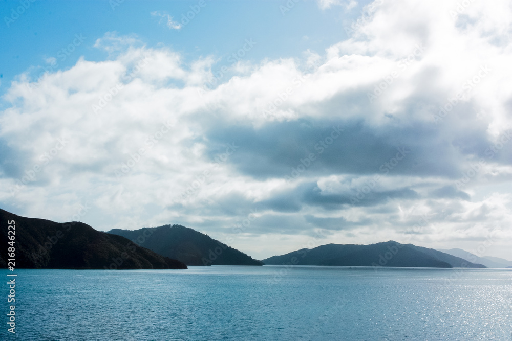 Sounds and hills in the horizon in the pacific cook strait in New Zealand