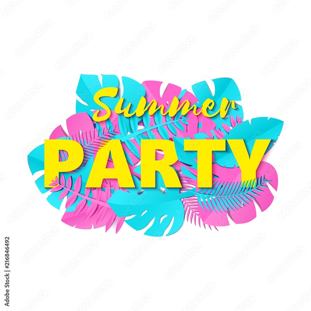 Word PARTY composition with creative pink blue leaves white background in paper cut style. Tropical leaf yellow letters for design poster, banner, flyer T-shirt printing Vector illustration card