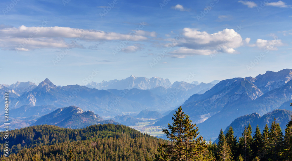 Areal view from hillside at the magnificent Alps mountain range, Germany